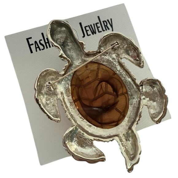 NWT 3.5" Large Gold Plated Faux Amber with Clear Rhinestone Sea Turtle Brooch - Picture 4 of 4